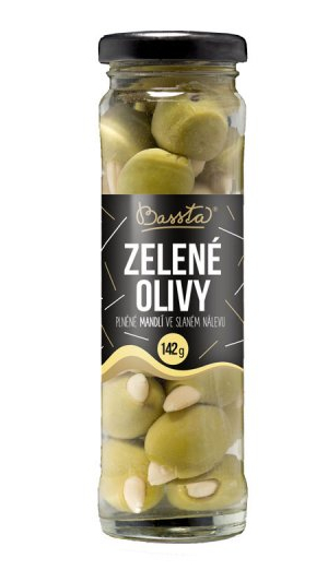 bassta zelené olivy ve slaném nálevu plněné celou mandlí